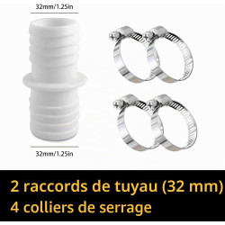 Lot de 2 raccords de tuyau de 32 mm avec 4 colliers de serrage en acier inoxydable, blanc, adaptateur double pour piscine