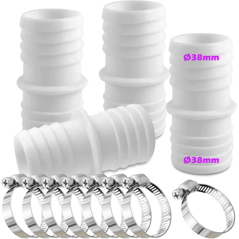 Lot de 4 raccords de tuyau de 38 mm avec 8 colliers de serrage - Adaptateur de tuyau double (blanc)