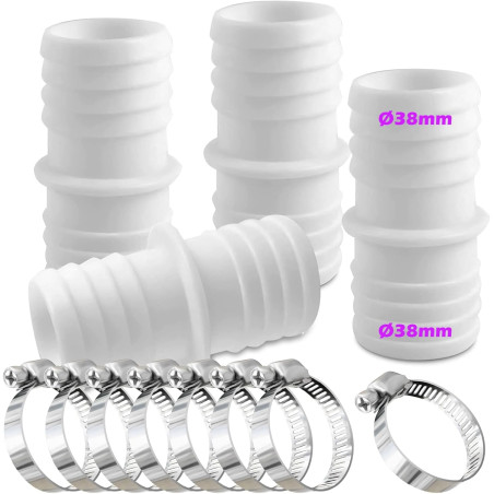 Lot de 4 raccords de tuyau de 38 mm avec 8 colliers de serrage - Adaptateur de tuyau double (blanc)