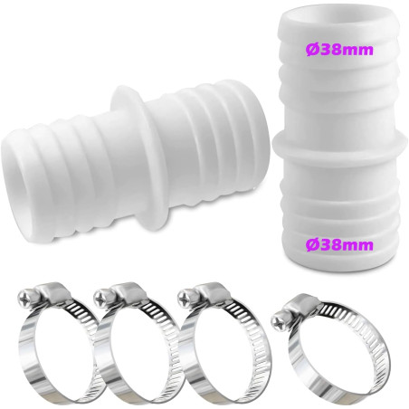 Lot de 4 raccords de tuyau de 38 mm en acier inoxydable - Blanc - Adaptateur pour tuyau de piscine - Double embout (2 pièces)