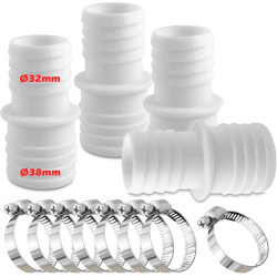 Lot de 4 raccords pour Tuyau Piscine, Raccord de Tuyau avec Colliers de Serrage, Ø 32 mm vers 38 mm de diamètre avec 8 Colliers 