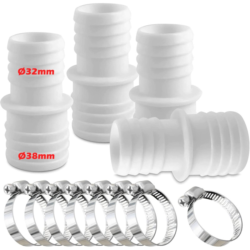 Lot de 4 raccords pour Tuyau Piscine, Raccord de Tuyau avec Colliers de Serrage, Ø 32 mm vers 38 mm de diamètre avec 8 Colliers 