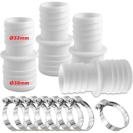 Lot de 4 raccords pour Tuyau Piscine, Raccord de Tuyau avec Colliers de Serrage, Ø 32 mm vers 38 mm de diamètre avec 8 Colliers 