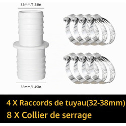 Lot de 4 raccords pour Tuyau Piscine, Raccord de Tuyau avec Colliers de Serrage, Ø 32 mm vers 38 mm de diamètre avec 8 Colliers 