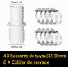 Lot de 4 raccords pour Tuyau Piscine, Raccord de Tuyau avec Colliers de Serrage, Ø 32 mm vers 38 mm de diamètre avec 8 Colliers 