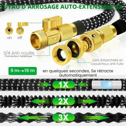 Tuyau Arrosage Extensible 15m, Tuyau d'arrosage Retractable avec 1/2" et 3/4" Adaptateur, Tuyaux d'arrosage avec 10 Modèles de P