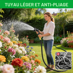 Tuyau Arrosage Extensible 15m, Tuyau d'arrosage Retractable avec 1/2" et 3/4" Adaptateur, Tuyaux d'arrosage avec 10 Modèles de P