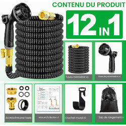 Tuyau Arrosage Extensible 15m, Tuyau d'arrosage Retractable avec 1/2" et 3/4" Adaptateur, Tuyaux d'arrosage avec 10 Modèles de P