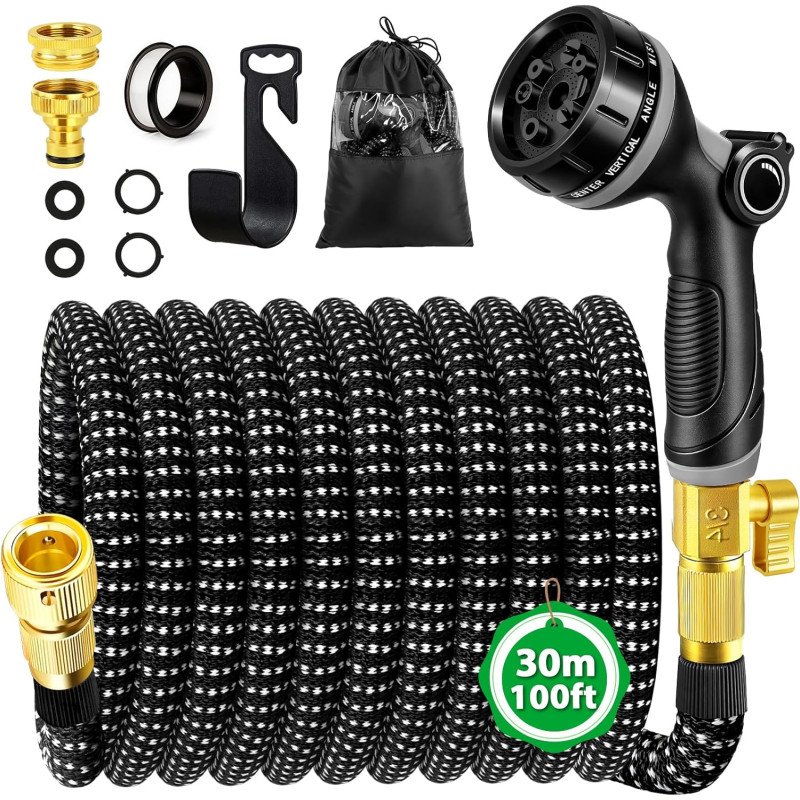 Tuyau Arrosage Extensible 30m, Tuyau d'arrosage Retractable avec 1/2" et 3/4" Adaptateur, Tuyaux d'arrosage avec 10 Modèles de P