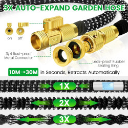 Tuyau Arrosage Extensible 30m, Tuyau d'arrosage Retractable avec 1/2" et 3/4" Adaptateur, Tuyaux d'arrosage avec 10 Modèles de P