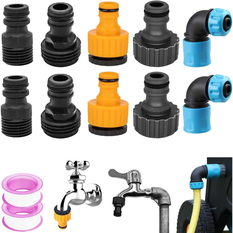 10 Pièces Raccord Tuyau Arrosage, 15/21 et 20/27 2 en 1 Raccord Robinet, 1/2 Embout Tuyau Arrosage 3/4 Embout Tuyaux Arrosage, 1
