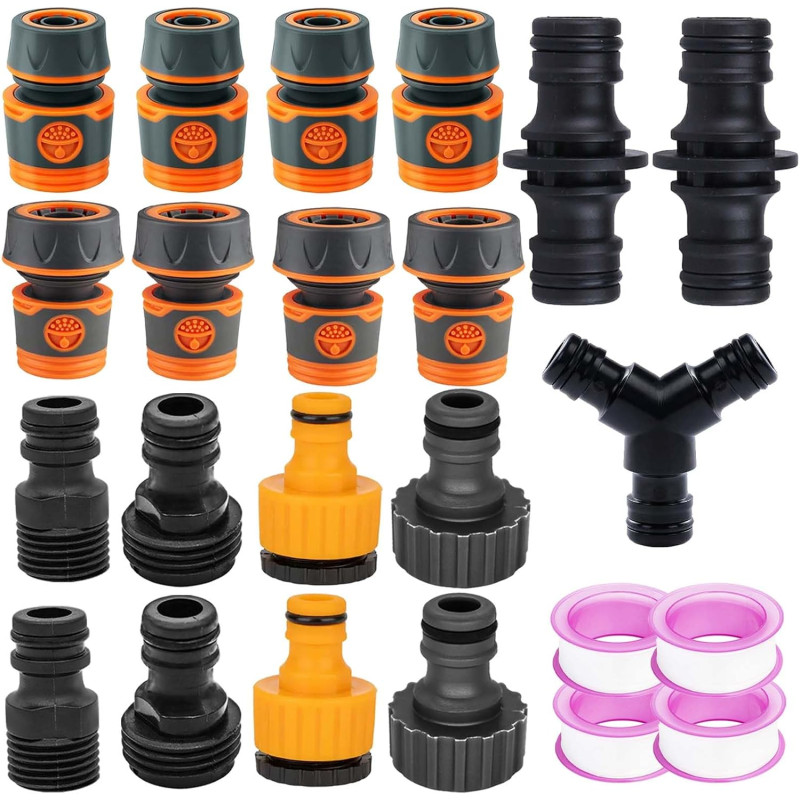 19 Pièces Raccord Tuyau d'Arrosage, 1/2 Plastique Connecteur Tuyau Arrosage 3/4 Adaptateur Robinet Tuyau Arrosage, 15/21 et 20/2