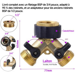 OHAYORI Robinet Double Machine a Laver, 2-Voies Y-Distributeur, Adaptateur Tuyau Arrosage en Laiton de 3/4"&1/2", Raccord en Y a
