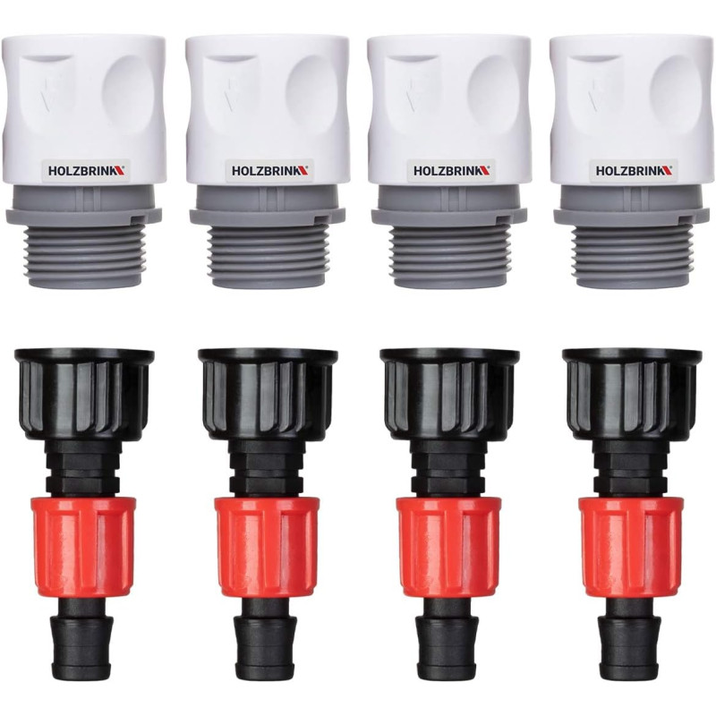 HOLZBRINK Kit de raccordement de tuyau 16mm pour robinets : 4x Raccord rapide 20mm, 4x Connecteur TT 20mm à 16mm