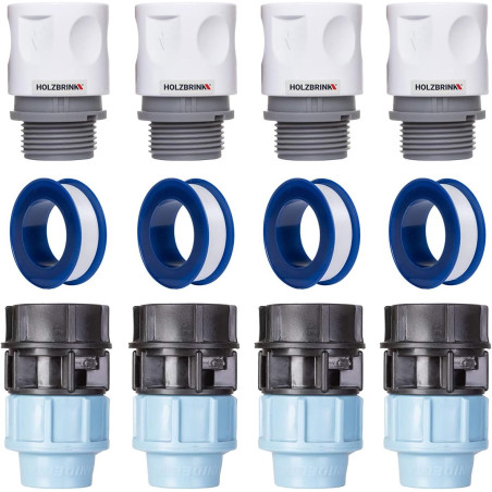 HOLZBRINK Kit de raccordement de Tuyau LDPE 20mm pour robinets : 4X Raccord Rapide 20mm, 4X Connecteur PE 20mm, 4X Bande de téfl