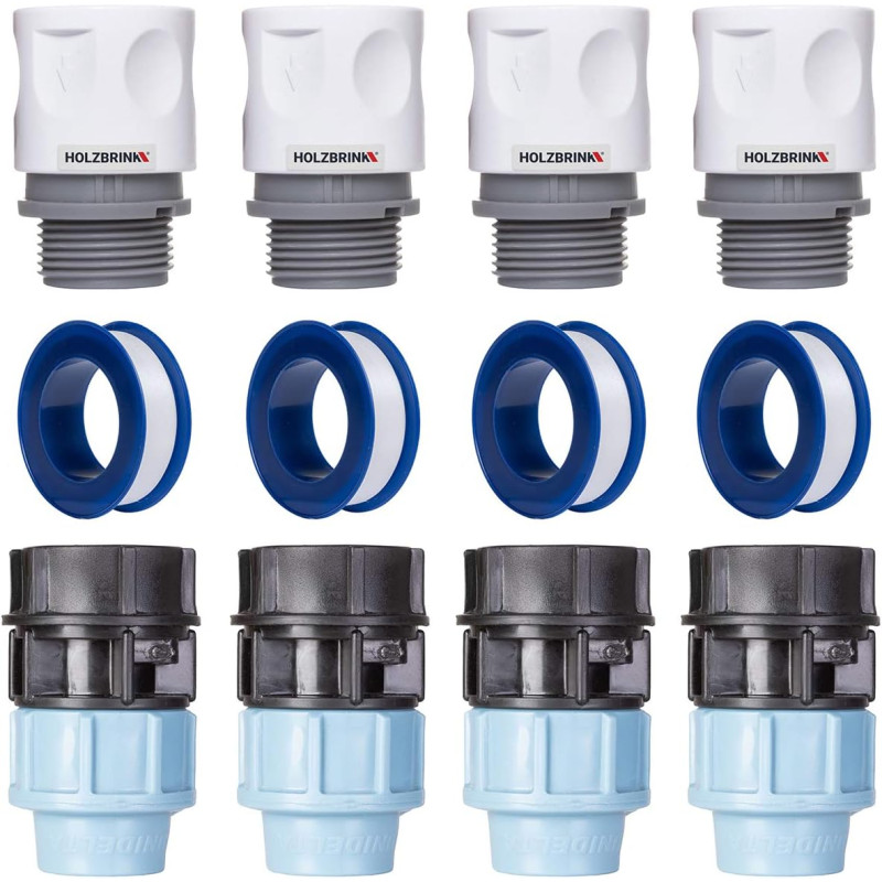 HOLZBRINK Kit de raccordement de Tuyau LDPE 25mm pour robinets : 4X Raccord Rapide 20mm, 4X Connecteur PE 20mm à 25mm, 4X Bande 
