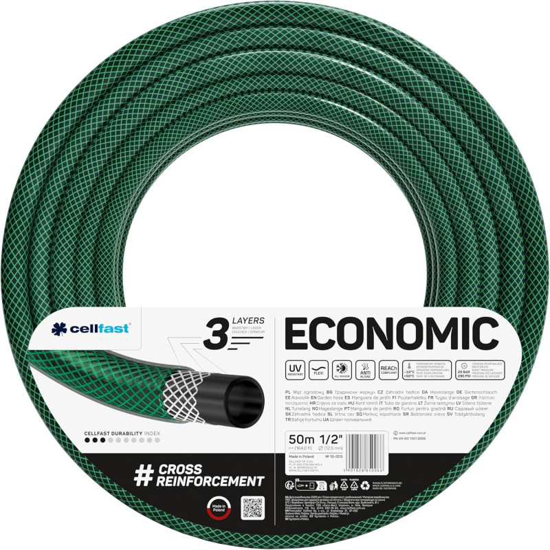 Cellfast Tuyau d'arrosage Economic, Flexible, 3 Couches, Polyester tressé en Croix, résistant aux UV, 1/2",50m,10-003, Vert