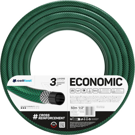 Cellfast Tuyau d'arrosage Economic, Flexible, 3 Couches, Polyester tressé en Croix, résistant aux UV, 1/2",50m,10-003, Vert