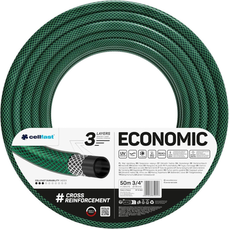 CELLFAST Tuyau Arrosage 3 Couches Flexible Fil De Qualité Supérieure Résistant Aux UV 3 4 Pouces 50 Mètres Economic, Vert