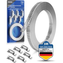 Collier de serrage sans fin en acier inoxydable [3m] | Bande perforée avec 6 clips | Collier à vis sans fin en acier inox ajusta