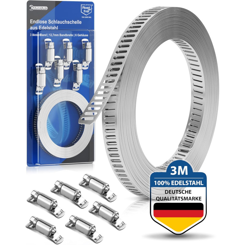 Collier de serrage sans fin en acier inoxydable [3m] | Bande perforée avec 6 clips | Collier à vis sans fin en acier inox ajusta