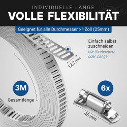 Collier de serrage sans fin en acier inoxydable [3m] | Bande perforée avec 6 clips | Collier à vis sans fin en acier inox ajusta