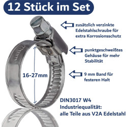 12 colliers de serrage metallique inox 16-27mm – colliers serrage professionnels en acier inoxydable V2A pour machine à laver, l