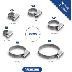 24 colliers de serrage metallique inox 8-50mm – assortiment colliers serrage professionnels en acier inoxydable V2A pour machine
