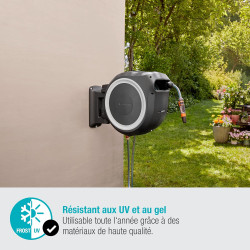 Gardena Enrouleur de tuyau Mural RollUp M/L (blanc)– Longueur 25m –Ø13mm– Garantie 5 ans– Dévidoir pivotant à 180°– Kit complet 