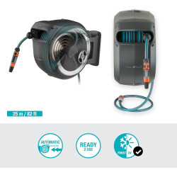 Gardena Enrouleur de tuyau Mural RollUp M/L (blanc)– Longueur 25m –Ø13mm– Garantie 5 ans– Dévidoir pivotant à 180°– Kit complet 