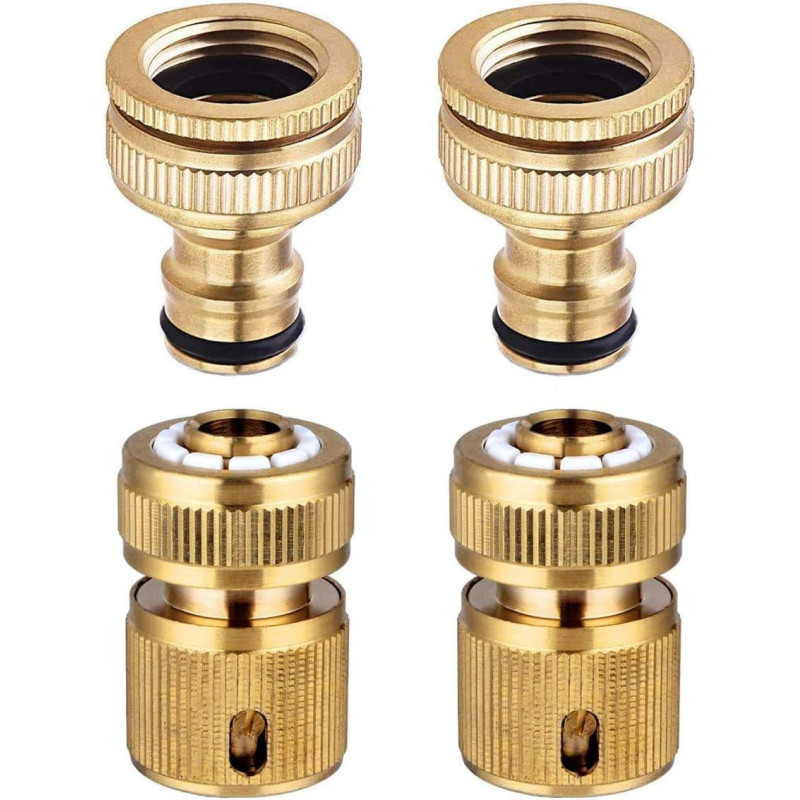 Lot de 4 connecteurs de tuyau d'arrosage en laiton massif, connecteur de robinet 2 en 1 de 1,27 cm et 1,9 cm, raccords de tuyau 