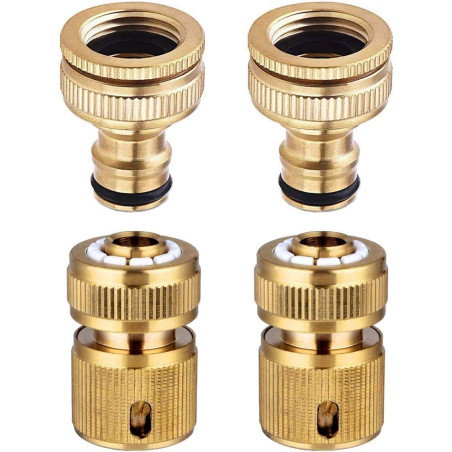 Lot de 4 connecteurs de tuyau d'arrosage en laiton massif, connecteur de robinet 2 en 1 de 1,27 cm et 1,9 cm, raccords de tuyau 