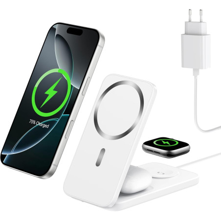 Chargeur Induction iPhone 3 en 1 Compatible MagSafe, Station de Charge sans Fil Magnétique Pliable 15W pour iPhone 17/16/15/14/1