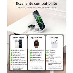 Chargeur Induction iPhone 3 en 1 Compatible MagSafe, Station de Charge sans Fil Magnétique Pliable 15W pour iPhone 17/16/15/14/1