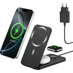 Chargeur Induction iPhone 3 en 1 Compatible MagSafe, Station de Charge sans Fil Magnétique Pliable 15W pour iPhone 17/16/15/14/1