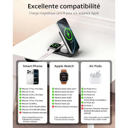 Chargeur Induction iPhone 3 en 1 Compatible MagSafe, Station de Charge sans Fil Magnétique Pliable 15W pour iPhone 17/16/15/14/1
