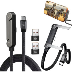 2pcs Câble USB C Charge Rapide 240W 2 en 1 avec Support Téléphone Invisible Intégré, Chargeur Support Invisible USB C Tressé 1,5
