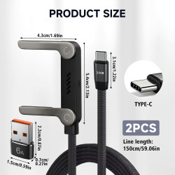 2pcs Câble USB C Charge Rapide 240W 2 en 1 avec Support Téléphone Invisible Intégré, Chargeur Support Invisible USB C Tressé 1,5