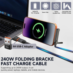 2pcs Câble USB C Charge Rapide 240W 2 en 1 avec Support Téléphone Invisible Intégré, Chargeur Support Invisible USB C Tressé 1,5