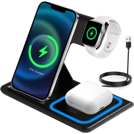 3 en 1 Chargeur à Induction Compatible avec iPhone 17/16/15/14/13/12 Pro Max,Chargeur sans Fil pour Apple Watch 10/9/8/7/6/SE/5/