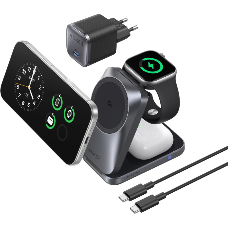 Anker Prime Chargeur MagSafe 3 en 1 Rapide 25W, Station de Charge sans Fil Certifié Qi2.2, Pliable pour iPhone 17/16/15, Apple W