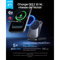 Anker Prime Chargeur MagSafe 3 en 1 Rapide 25W, Station de Charge sans Fil Certifié Qi2.2, Pliable pour iPhone 17/16/15, Apple W