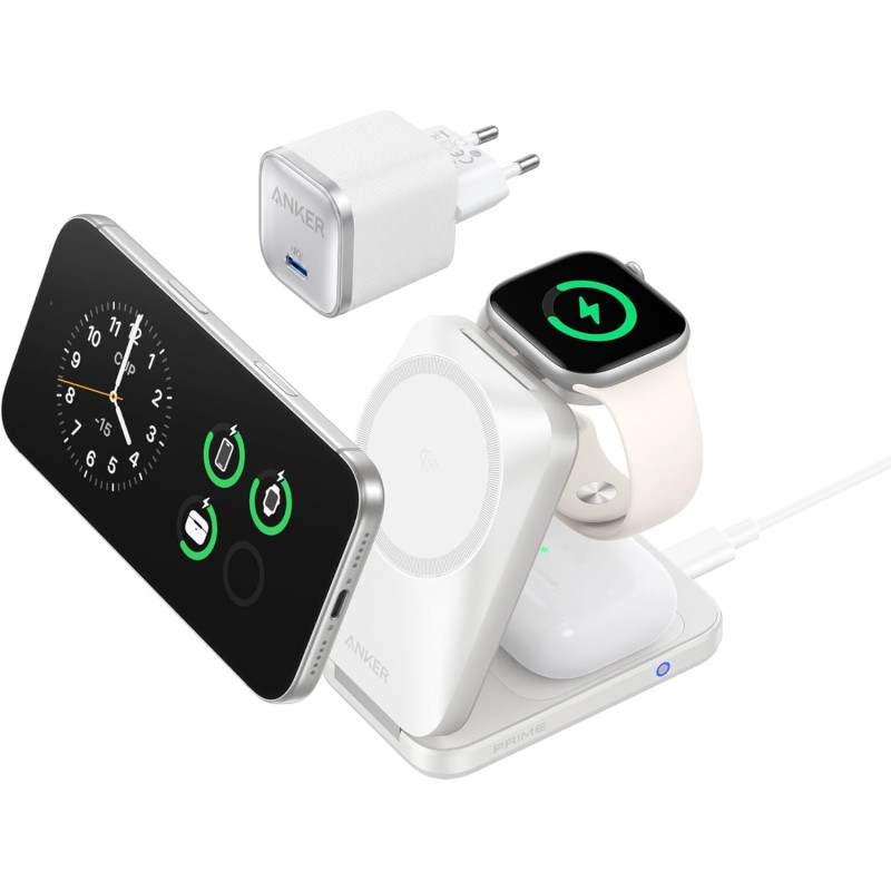 Anker Prime Chargeur MagSafe 3 en 1 Rapide 25W, Station de Charge sans Fil Certifié Qi2.2, Pliable pour iPhone 17/16/15, Apple W