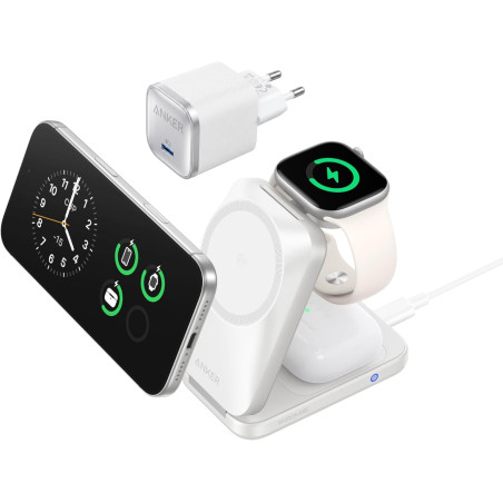 Anker Prime Chargeur MagSafe 3 en 1 Rapide 25W, Station de Charge sans Fil Certifié Qi2.2, Pliable pour iPhone 17/16/15, Apple W