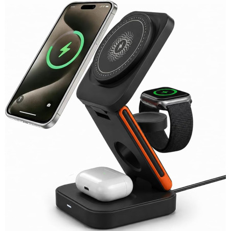 Chargeur sans Fil Rapide 15W Pliable 3 en 1, Station de Charge USB C Magnétique Compatible avec iPhone 17/16/15/14/13/12/Max/Plu