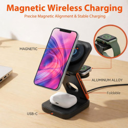 Chargeur sans Fil Rapide 15W Pliable 3 en 1, Station de Charge USB C Magnétique Compatible avec iPhone 17/16/15/14/13/12/Max/Plu