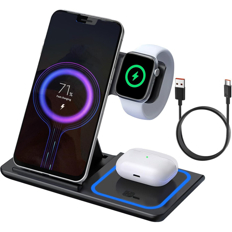 Station de Charge 3 en 1, Chargeur Induction Compatible avec iPhone 17 16 15 14 13 12 Pro Max Apple Watch 10 9 8 7 6 SE 5 4 3 Ai