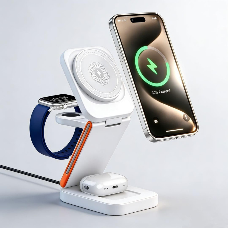 Chargeur sans Fil 3‑en‑1 Pliable 15 W, Station de Charge magnétique pour iPhone, Apple Watch et AirPods, Support de Bureau et de