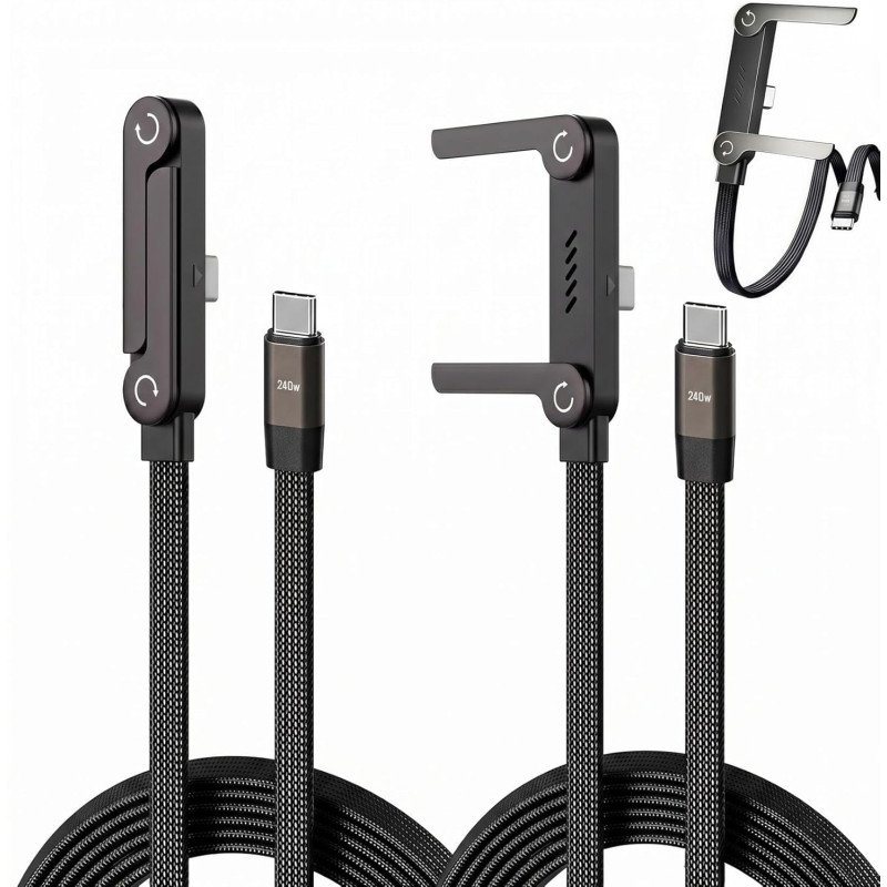 Lot de 2 Câbles 2 en 1 240W USB C vers USB C avec Support Téléphone 360°, Cordon Charge Rapide Coudé 90°, Nylon Tressé 1,5 m, Tr