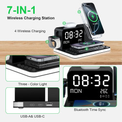 Chargeur sans Fil 7-en-1 avec Horloge, température et Date, Compatible avec iPhone 17/16/15/14/13 Pro Max, AirPods et Apple Watc